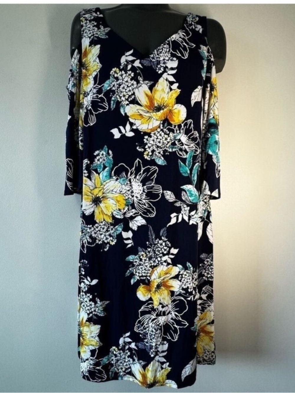 Laura Floral Cold Shoulder Mini Dress - Black, Yellow, and Teal size 8